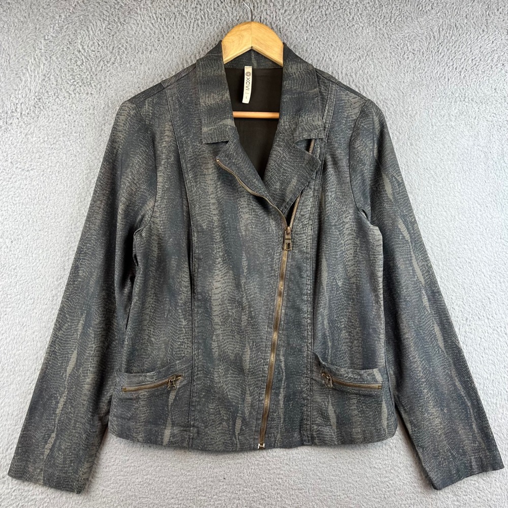XCVI Womens Grey Snakeskin Print Moto Jacket Stretch Cotton Zip L